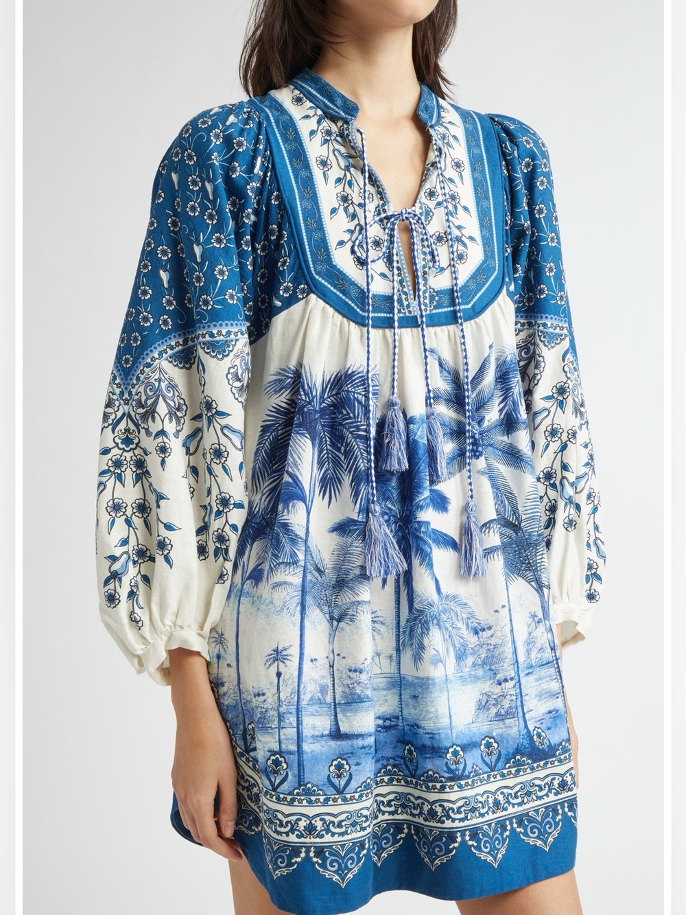 FARM Rio Blue & White Tropical Print Mini Dress Size S